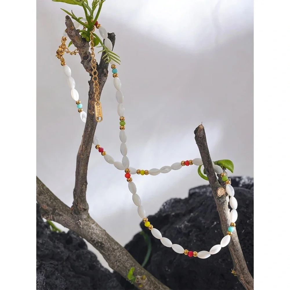 Natural Shell & Colorful Beaded Necklace Gold Tone